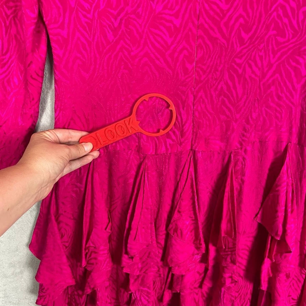 Vintage Adrianna Papell 100% Silk Fuchsia Long Sleeve Tiered Ruffle Midi Dress M - Picture 4 of 10
